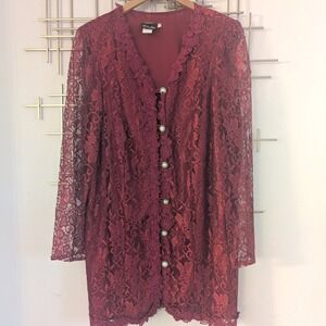 VTG Mister Jay‎ Dark Red Lace Button Front Jacket Long Line Womens 18 Whimsigoth